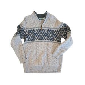 Aran Crafts Ireland CELTIC JACQUARD HALF ZIP SWEATER 100% Merino Wool